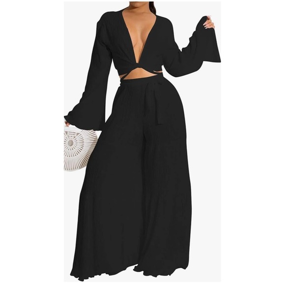 Amazon Pants - Halfword Two Piece Outfits for Women Flare Sleeve Crop Top Wide Leg Palazzo Set